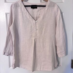 Tahari Women's Sz Med Blouse 100% Linen V-Neck Coastal Lagenlook Earthy Boho